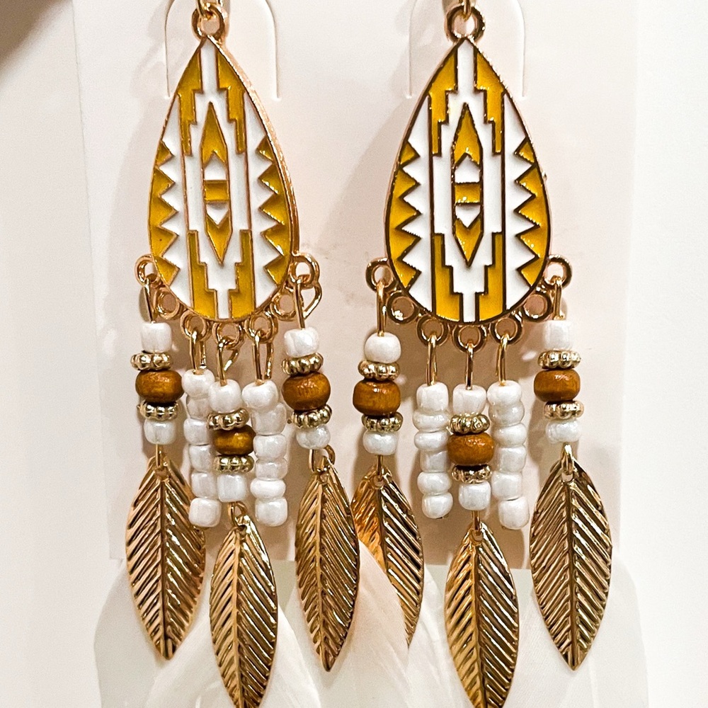 Gold and White Boho Western Feather Dangle Earrings - Picture 2 of 4